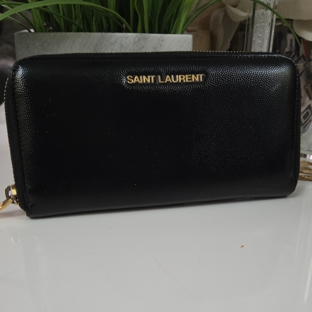 Saint Laurent Black Leather Wallet with Gold Accents